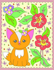 Red Fox sitting under the big bright colors. Naive children's illustration