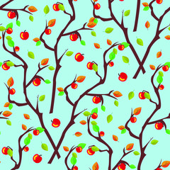 Seamless vector pattern: autumn Apple branches with leaves and fruits intertwined on a bright blue background