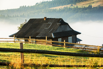 Fototapeta na wymiar Beautiful sunrise in mountains with white fog.Travel background. Exploring beauty world. Carpathian mountains. Ukraine. Europe. Summer landscape