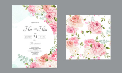 wedding invitation card  template set with beautiful seamless pattern floral leaves