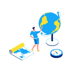 Geography lesson isometric landing page, earth study lesson template, blue, yellow line art illustration, boy pointing at globe, school lesson concept, cartography learning, planet model 3d
