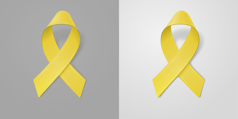 Realistic Yellow Ribbon on light and dark gray background. Childhood Cancer Awareness symbol in September. Template for banner, poster, invitation, flyer. Vector illustration. EPS10
