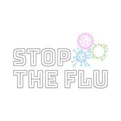 Text: Stop the flu. On white background, with illustrations of flu virus. 