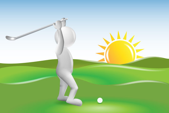 3D small people golfer in a sunny day vector image logo template