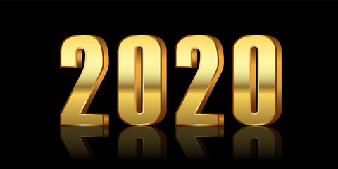 Happy New Year background. Gold 3D number 2020 isolated black background. Bright golden design greeting card, Christmas banner, holiday celebration, decoration poster, calendar. Vector illustration