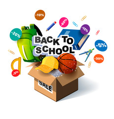 Back to school sale vector poster design with colorful school supplies, educational items and sale text for shopping discount promotion. Vector illustration. Banner for online store. Unpack, unbox