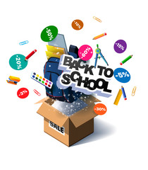 Back to school sale vector poster design with colorful school supplies, educational items and sale text for shopping discount promotion. Vector illustration. Banner for online store. Unpack, unbox