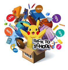 Back to school sale vector poster design with colorful school supplies, educational items and sale text for shopping discount promotion. Vector illustration. Banner for online store. Unpack, unbox