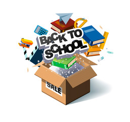Back to school sale vector poster design with colorful school supplies, educational items and sale text for shopping discount promotion. Vector illustration. Banner for online store. Unpack, unbox