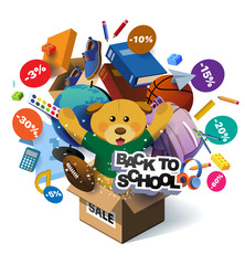 Back to school sale vector poster design with colorful school supplies, educational items and sale text for shopping discount promotion. Vector illustration. Banner for online store. Unpack, unbox