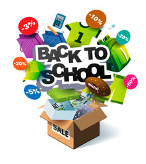 Back to school sale vector poster design with colorful school supplies, educational items and sale text for shopping discount promotion. Vector illustration. Banner for online store. Unpack, unbox