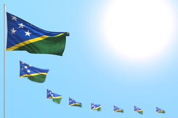 cute many Solomon Islands flags placed diagonal with bokeh and free place for your content - any occasion flag 3d illustration..