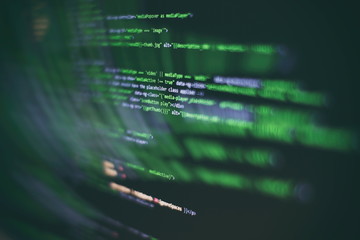 Programmer workplace. Big data storage and cloud computing representation. Programming code....