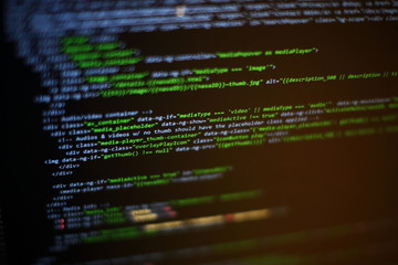 Programmer workplace. Big data storage and cloud computing representation. Programming code....