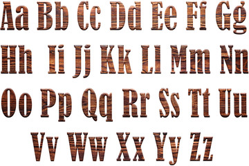 Font. English alphabet with transparency of wooden texture.