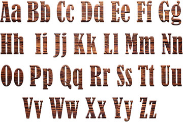 Font. English alphabet with transparency of wooden texture.