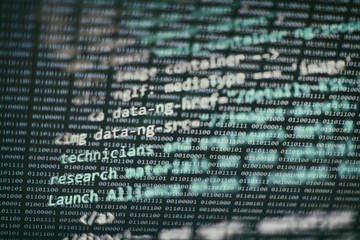 Programmer workplace. Big data storage and cloud computing representation. Programming code. Website development. Web site codes on computer monitor. Abstract screen of software. Computer script.