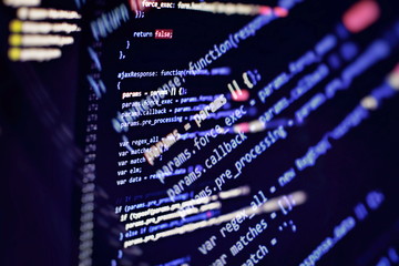 Programmer workplace. Big data storage and cloud computing representation. Programming code....