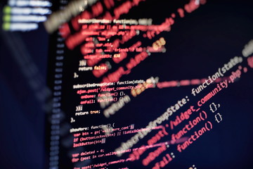 Programmer workplace. Big data storage and cloud computing representation. Programming code....