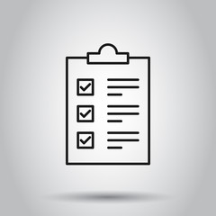 Checklist clipboard sign icon in flat style. Document list vector illustration on isolated background. Questionnaire notepad business concept.