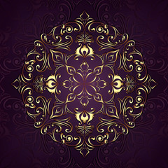 Vintage background mandala card with golden lace ornaments and art deco floral decorative elements