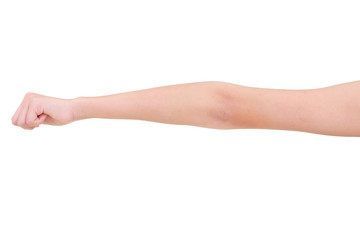 Fototapeta premium Girl hand gestures isolated over the white background.