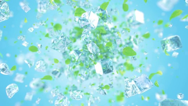 Exploding frosted ice cube with mint leafs in 4K