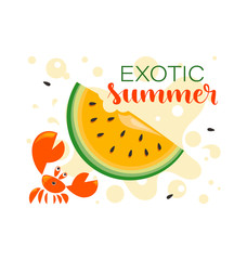 Yellow watermelon and red crab. EXOTIC SUMMER. Slice of yellow watermelon on a background of juice with a crab and the inscription. Concept of the summer season. 