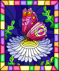 Illustration in stained glass style with a bright pink  butterfly on a white flower, rectangular image in a bright frame