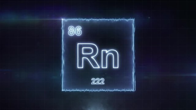 Radon - periodic table element symbol hologram glowing on dark background in 4K
