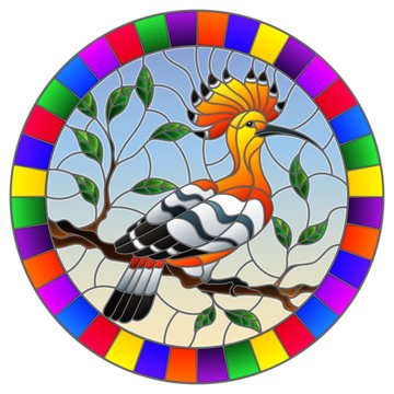 recommend clip art: Illustration in stained glass style with hoopoe bird sitting on a tree branch against the sky, round image in bright frame 