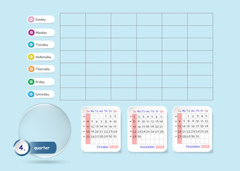 Calendar for fourth quarter of 2020 year in blue color