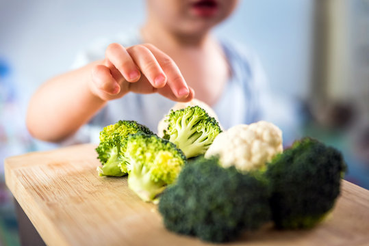 baby boy hands touch and take raw fresh broccoli and cauliflower from wooden board indoor. baby exploring vegetables