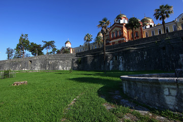 panoramic view of the walls of the temple in new Athos