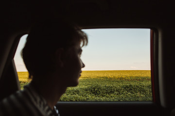 The view from the car window on the field with sunflowers.The guy looks out of the car window on the field