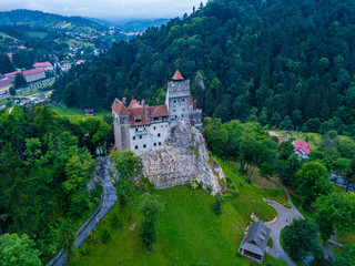 Aerial panorama view of the medieval Bran Castle, known for the myth of Dracula , Dracula Castle in...