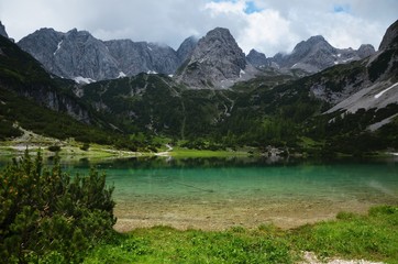 Naklejka na ściany i meble Hike to Seebensee, an alpine lake in Tyrol, Austria, near the Zugspitze