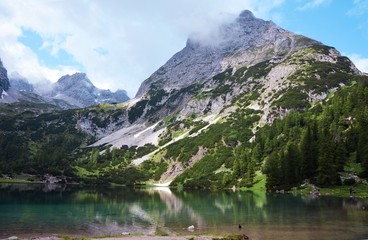 Seebensee with beautiful reflections. Alpine lake  in Tyrol, Austria, near the Zugspitze