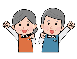 職業　エプロンの職員　上半身　シニア　男女　イラスト