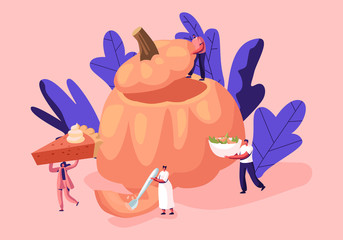 Pumpkin Dishes Concept with Tiny Male and Female Characters around Huge Hollow Gourd Holding Traditional Thanksgiving Food Pie and Salad made of Fresh Ripe Squash Cartoon Flat Vector Illustration