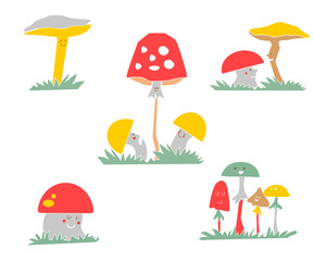 cute kawaii flat vector illustration, set of bright happy mushrooms with smile faces. For kids, school, kindergarten, party, wallpaper, greeting cards decoration