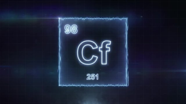 Californium - periodic table element symbol hologram glowing on dark background in 4K