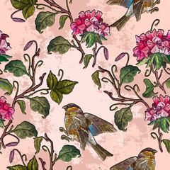 Fototapety  Embroidery geranium flowers and birds seamless pattern. Fashion spring template for design of clothes and t-shirt design