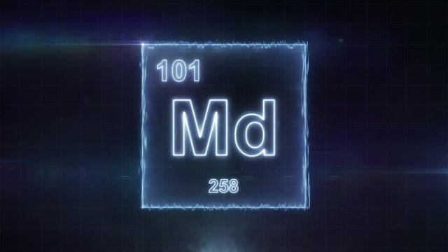 Mendelevium - periodic table element symbol hologram glowing on dark background in 4K