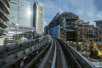 Cityscape from monorail sky train in Tokyo