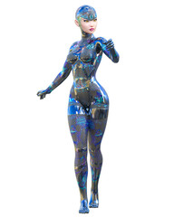 Cyborg Woman futuristic metallic neon suit.