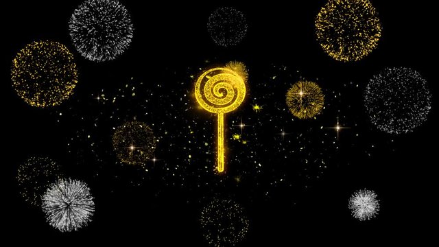 Lollipop Candy Icon on Glitter Golden Particles Effect Firework. Object, Shape, Text, Design, Element, symbol 4K Animation.