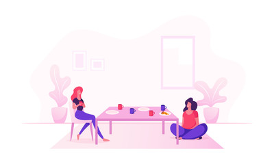 Couple of Girl Friends Sitting at Table with Food Drinking Beverages and Communicating at Home. Female Characters Friendship, Chatting Women Having Leisure, Sparetime Cartoon Flat Vector Illustration