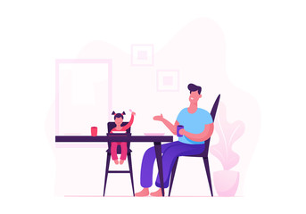 Fototapeta premium Happy Family of Father and Little Baby Girl Sitting on High Stool Having Dinner Sitting Table with Food on Kitchen