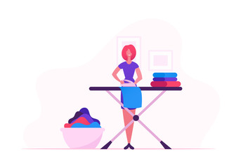 Housewife Ironing Clear Linen at Home. Young Woman Every Day Domestic Routine, Washing Clothes in Machine and Iron on Board. Housekeeping Female Character Home Work Cartoon Flat Vector Illustration